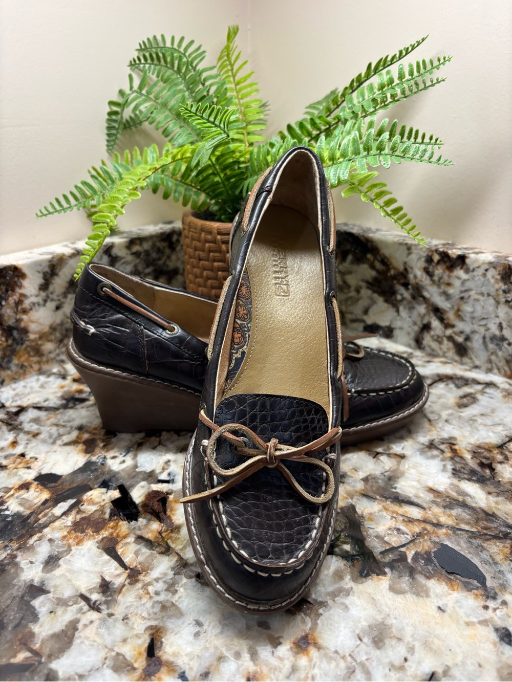 Sperry Dark Brown Textured Leather Moccasin Wedges with Tan Bow - Picture 4 of 9